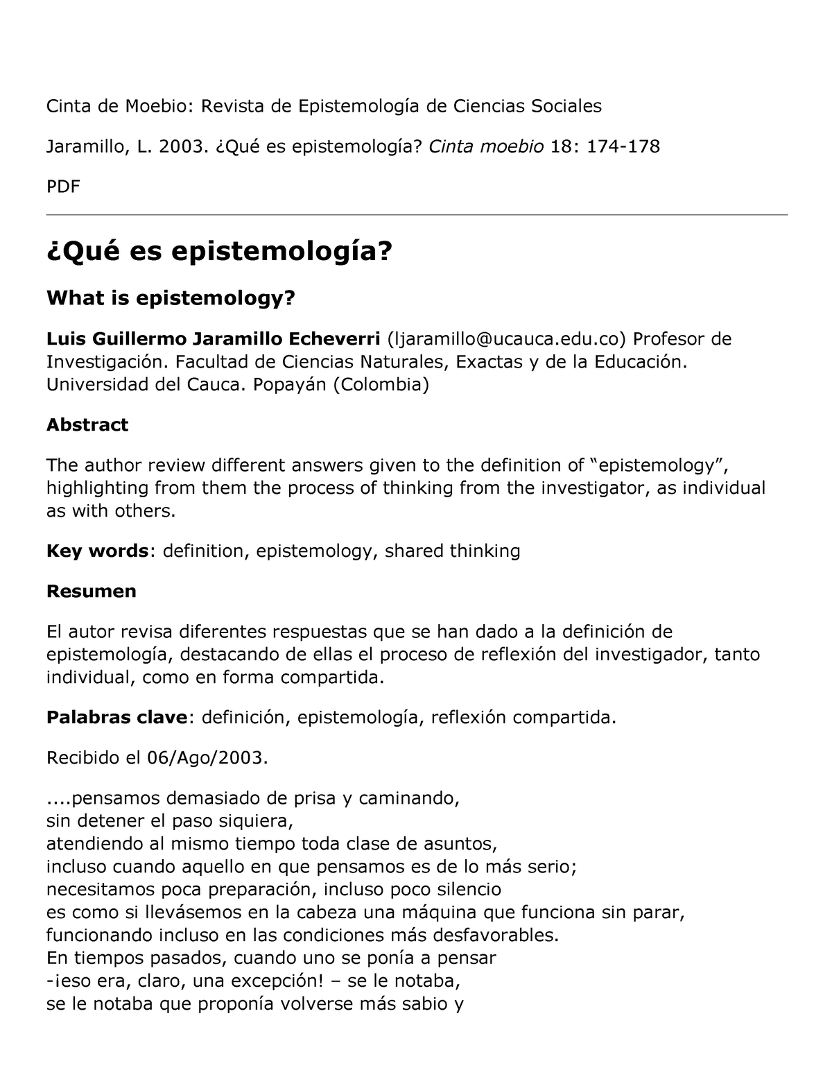 Jaramillo (2003 ) ¿Qué Es Epistemología - Cinta De Moebio: Revista De ...