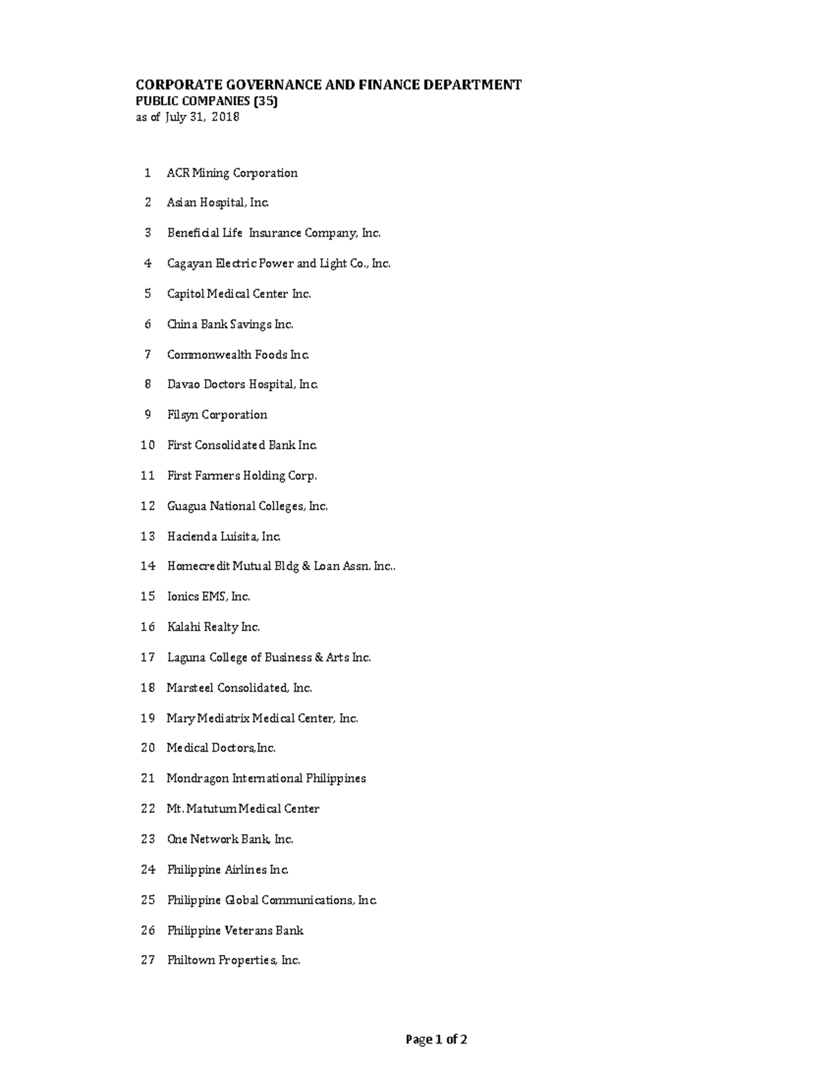 2018 CGFD Listof Public Companiesxl - Warning: TT: undefined function ...