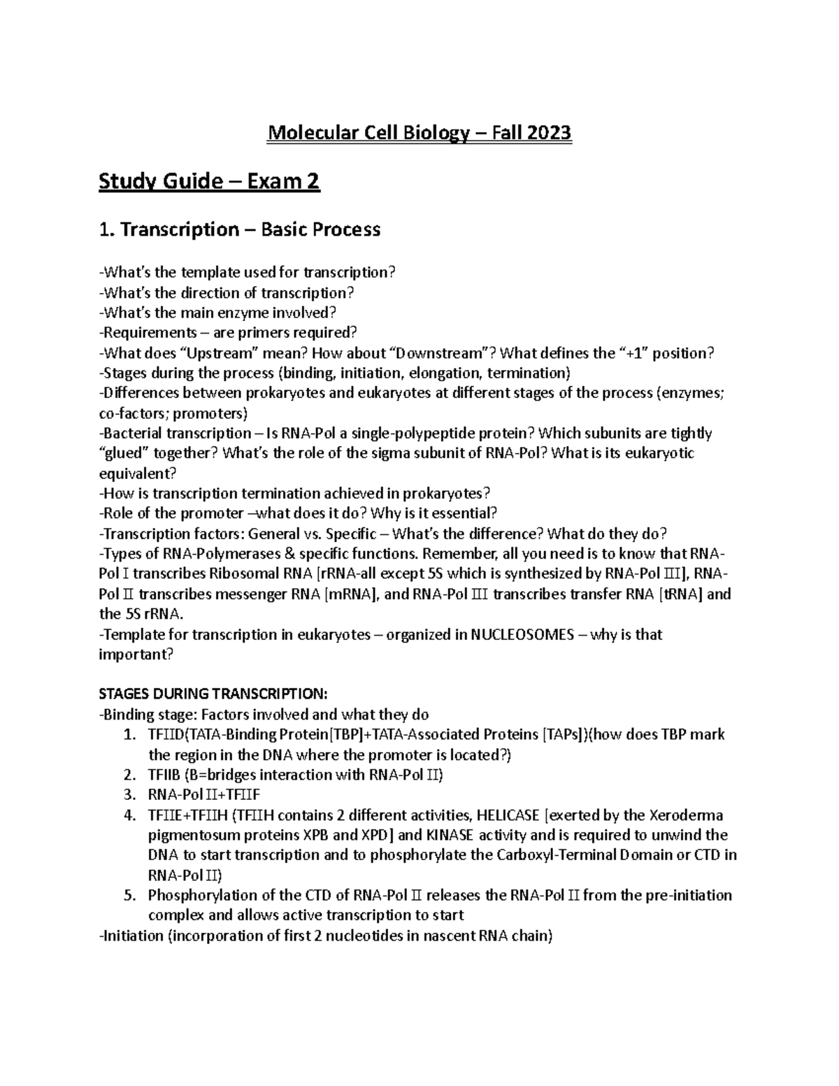 Study Guide - Exam 2 - Fall 2023 - Molecular Cell Biology – Fall 2023 ...