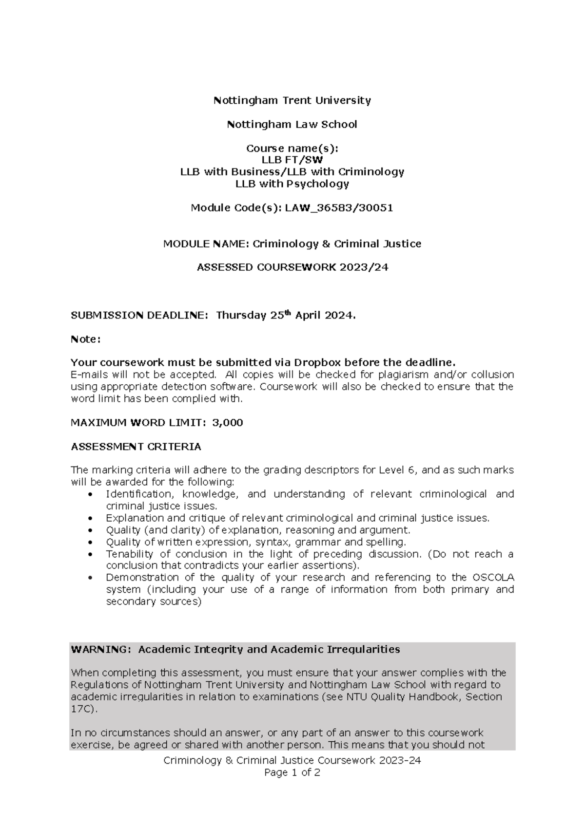 CCJ Courseworks 23-24 - Criminology & Criminal Justice Coursework 2023 ...
