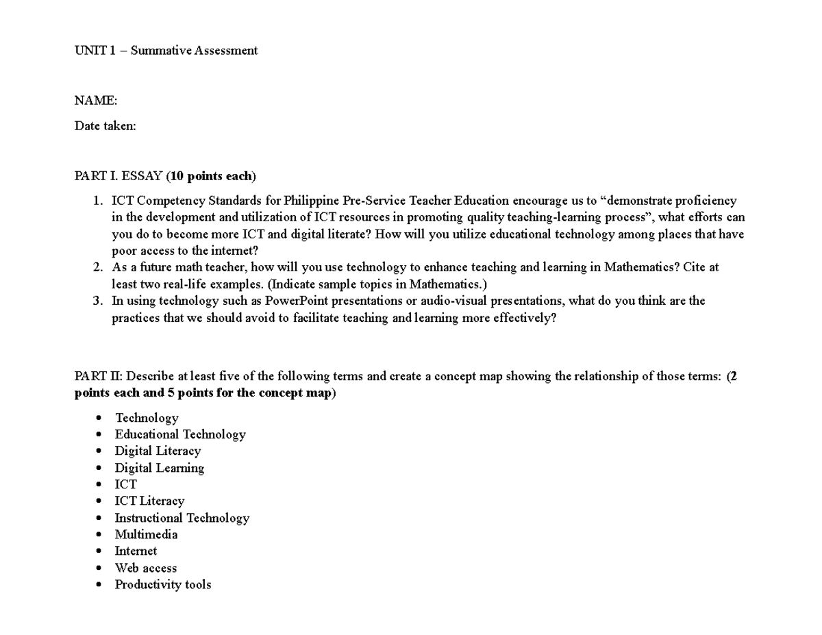 TTL1 - Summative Assessment #1 - UNIT 1 – Summative Assessment NAME ...