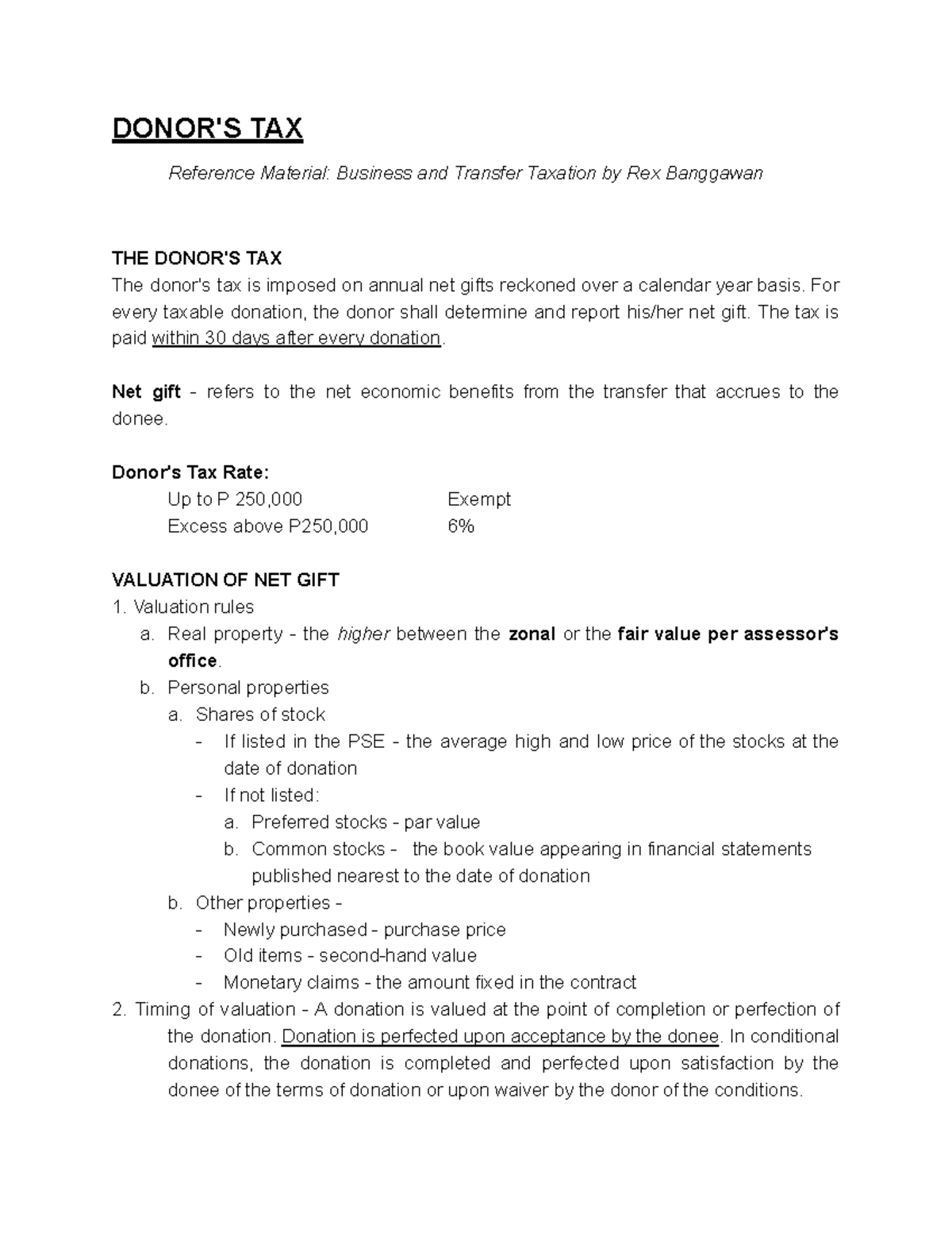 Donor'S TAX - Donor'S TAX - Business And Transfer Taxation - DONOR'S ...