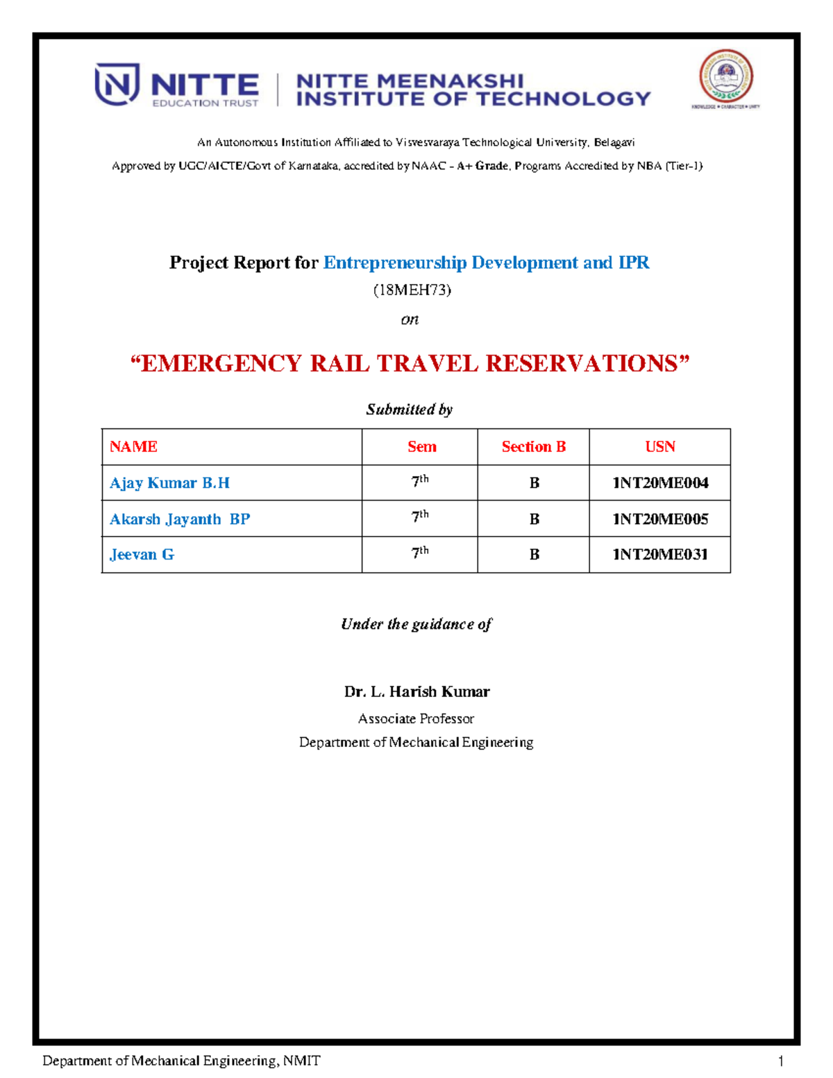 EIPR (MINI Project Report) - An Autonomous Institution Affiliated to ...