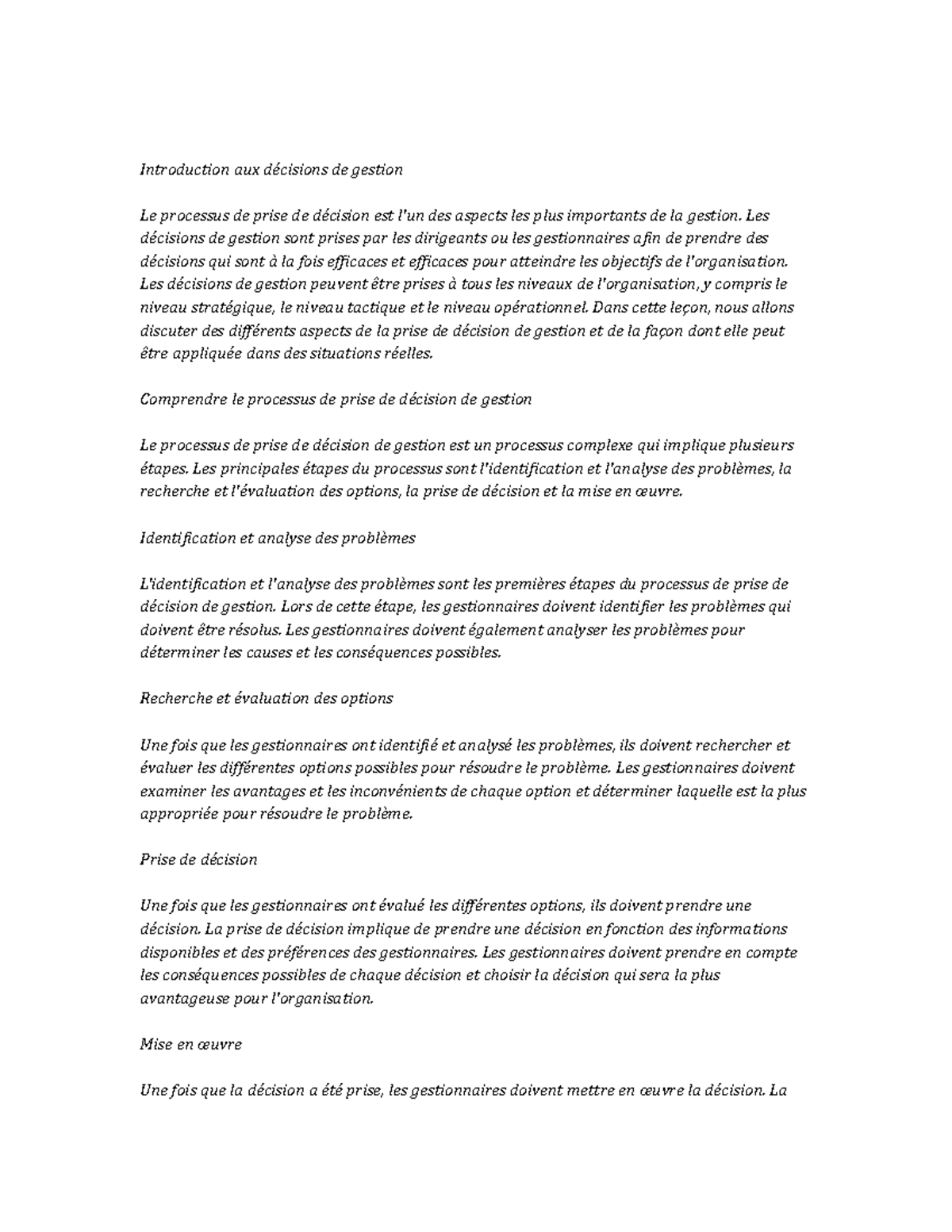Managerial Decision Making note study - Introduction aux décisions de ...