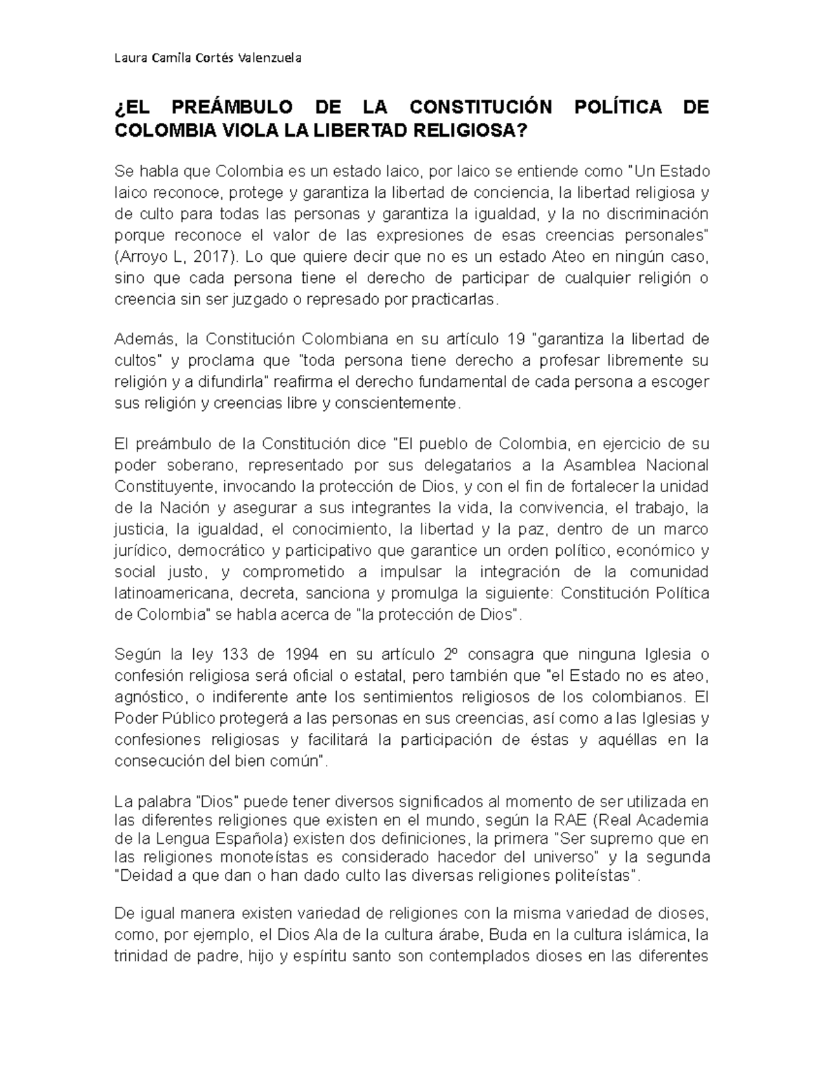 Ensayo sobre el preámbulo de la constitución y la libertad de conciencia Laura Camila Cortés