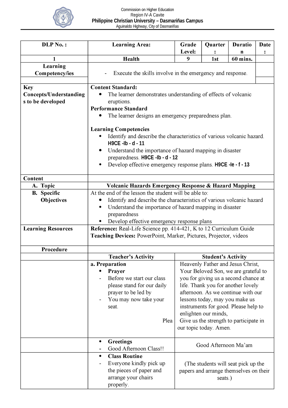 Dlp maam angel - lesson plan for physical education - Commission on ...