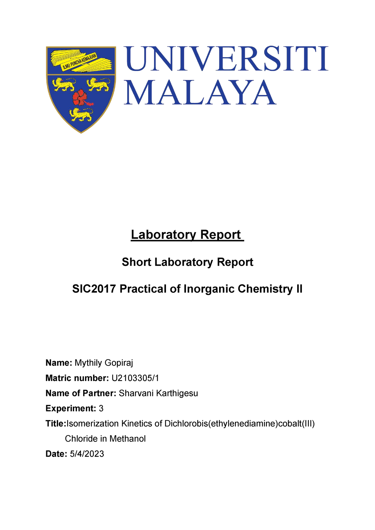 U2103305 Exp 3 Lab Report - Laboratory Report Short Laboratory Report ...