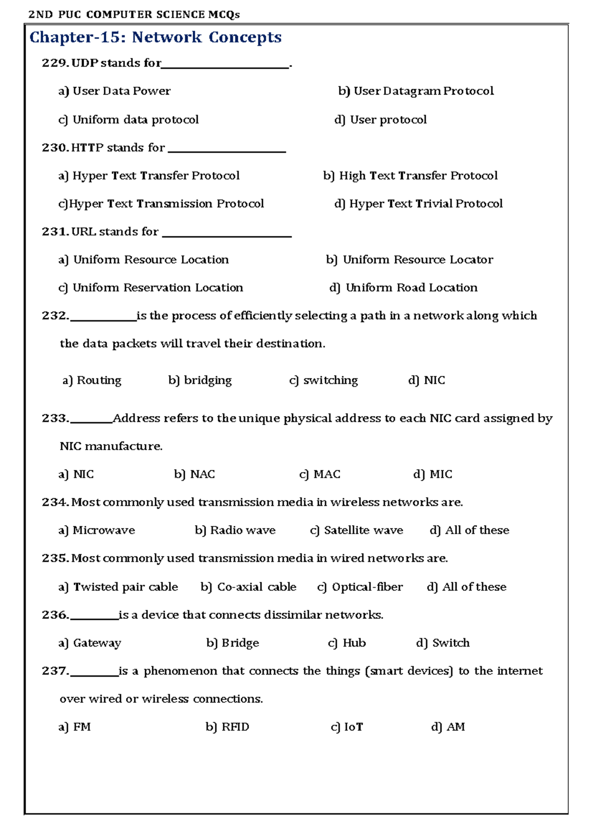 Chapter 15 - PUC Notes - Chapter-15: Network Concepts 229. UDP stands ...