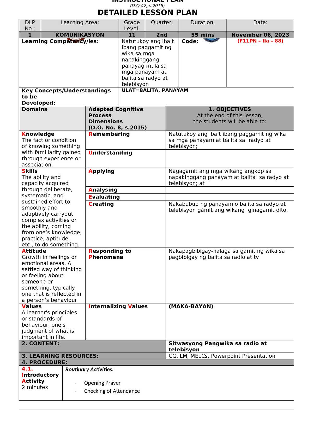 DLP-1-Q2W1 - Lesson Plan - INSTRUCTIONAL PLAN (D.O, S) DETAILED LESSON ...