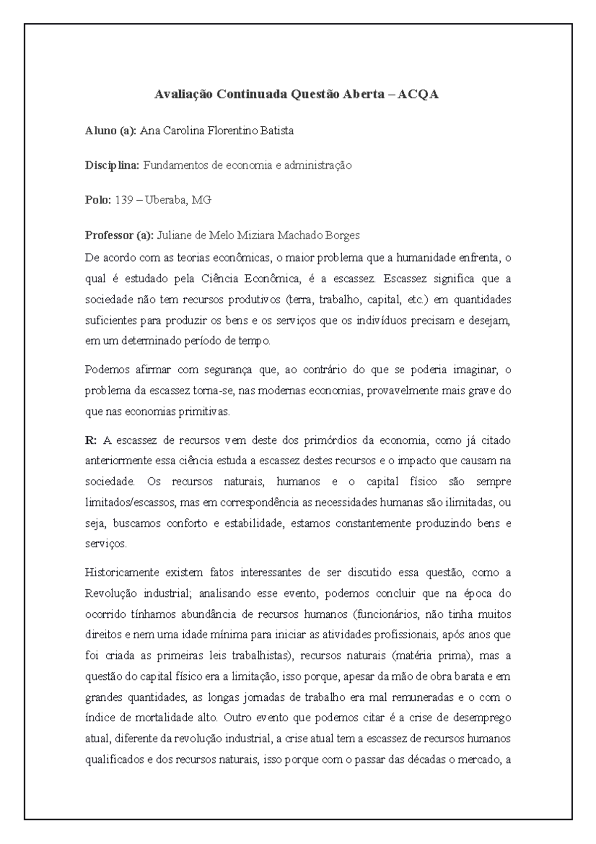 ACQA 5 - Fundamentos DE Economia E Administração - Avaliação Continuada ...