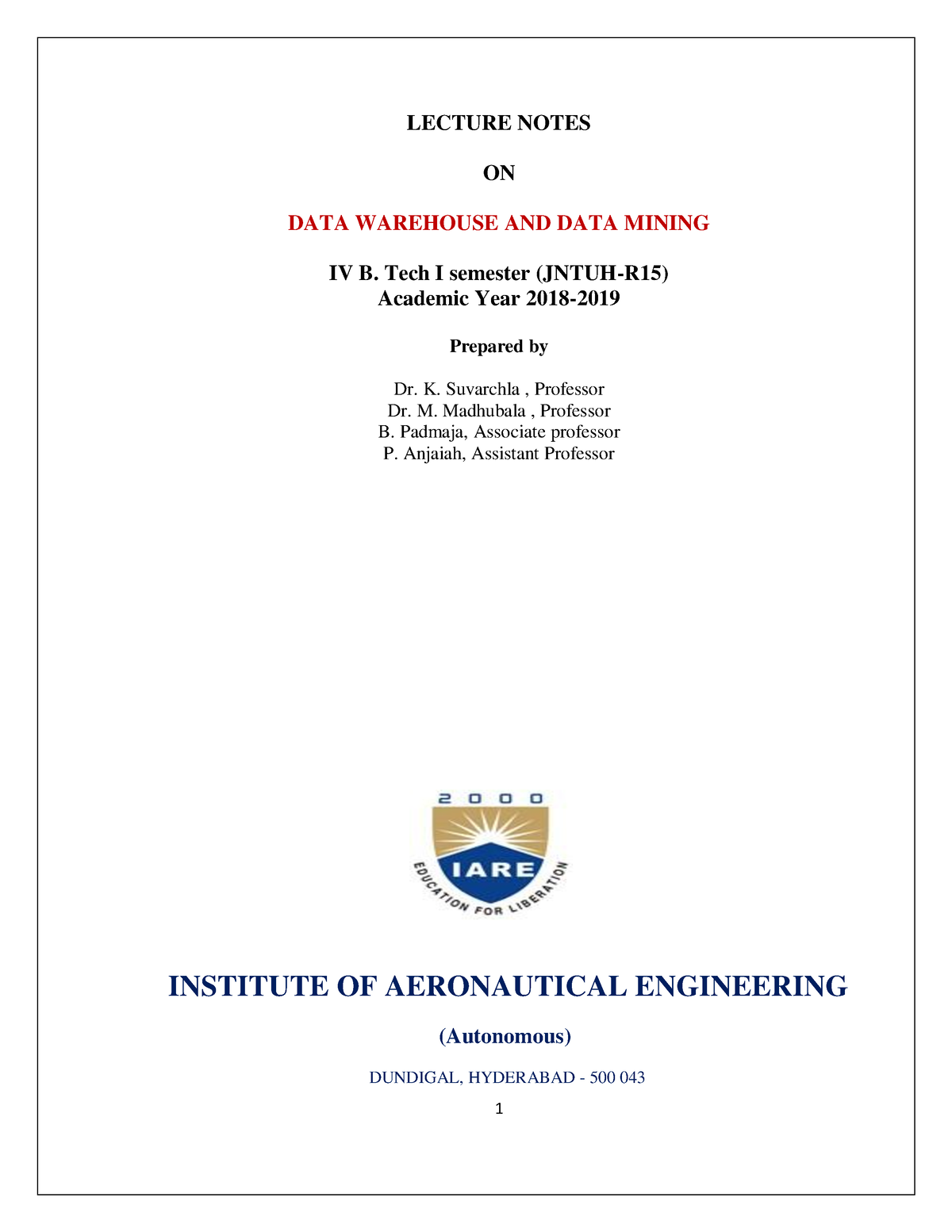 DWDM Lecturenotes Data mining and Data Warehousing notes