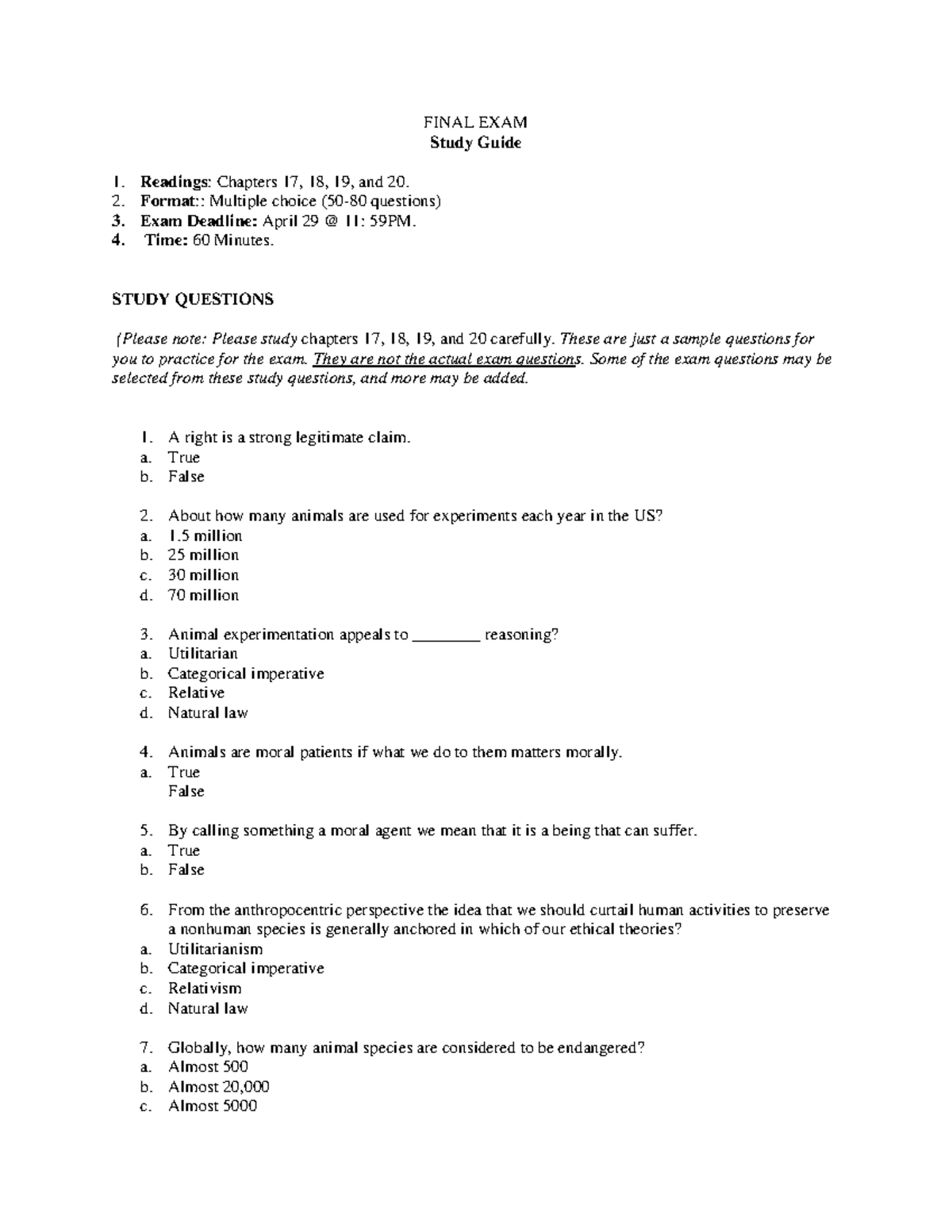 Final Exam Study Guide - FINAL EXAM Study Guide Readings: Chapters 17 ...