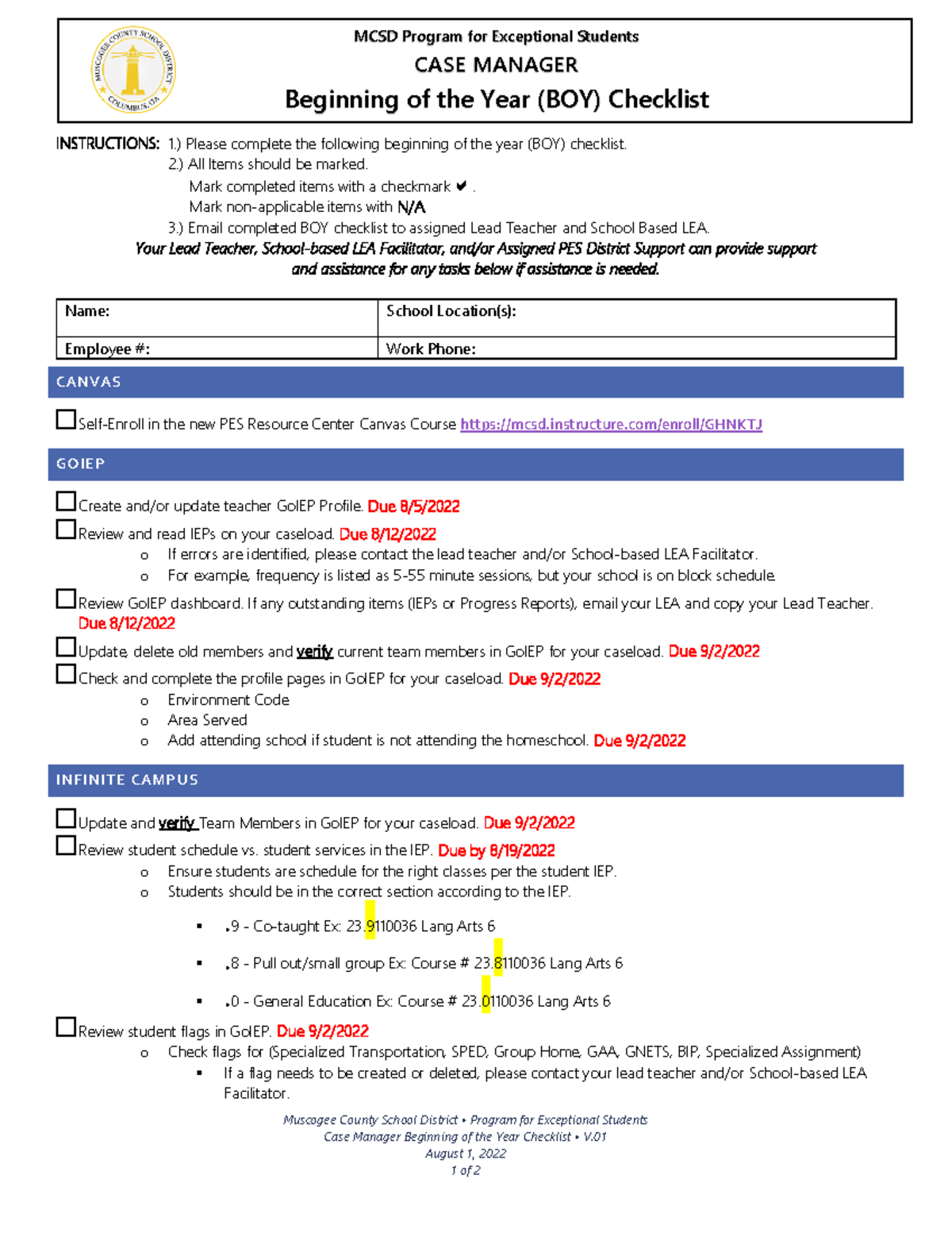 SY23 Case Manager Beginning OF THE YEAR (BOY) Checklist - Muscogee ...