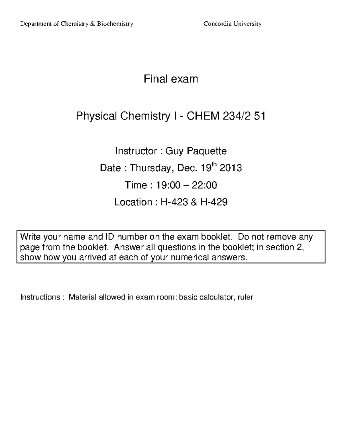 Final Exam chem 234 sample Final exam Physical Chemistry I CHEM 234
