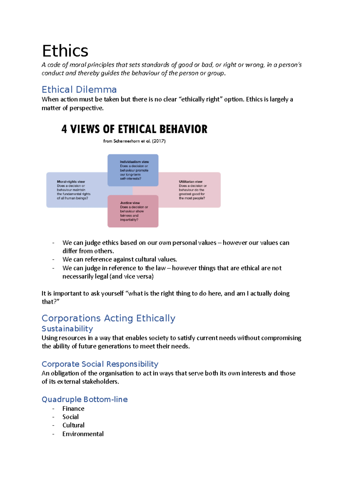 Ethics - Lecture notes 4 - Ethics A code of moral principles that sets ...