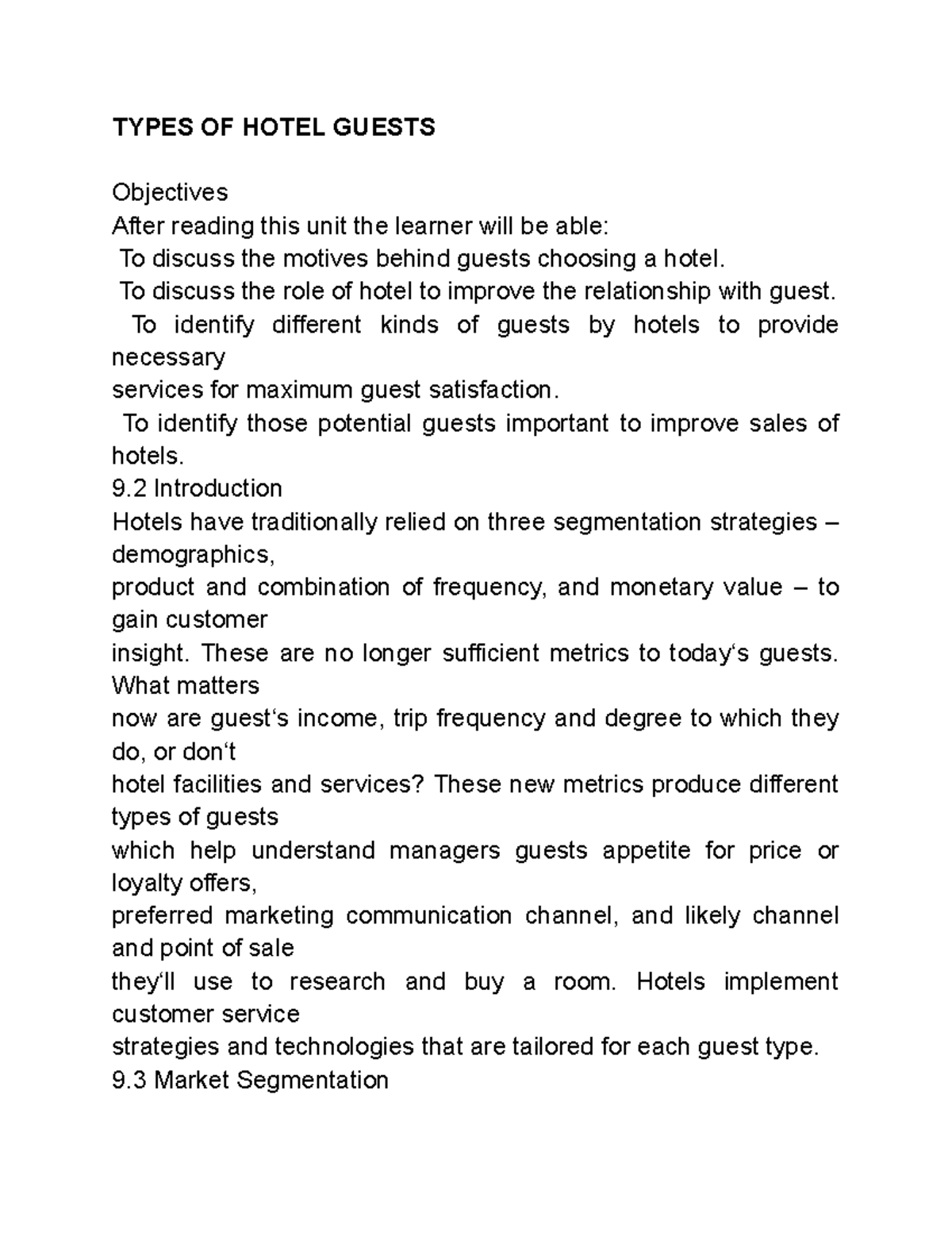 Types OF Hotel Guests (hospitality) TYPES OF HOTEL GUESTS Objectives