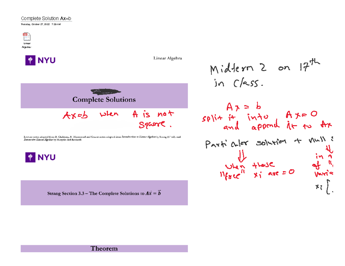 Ch3-3 - Linear Algebra Notes - MATHUA140 - Complete Solution Ax=b ...