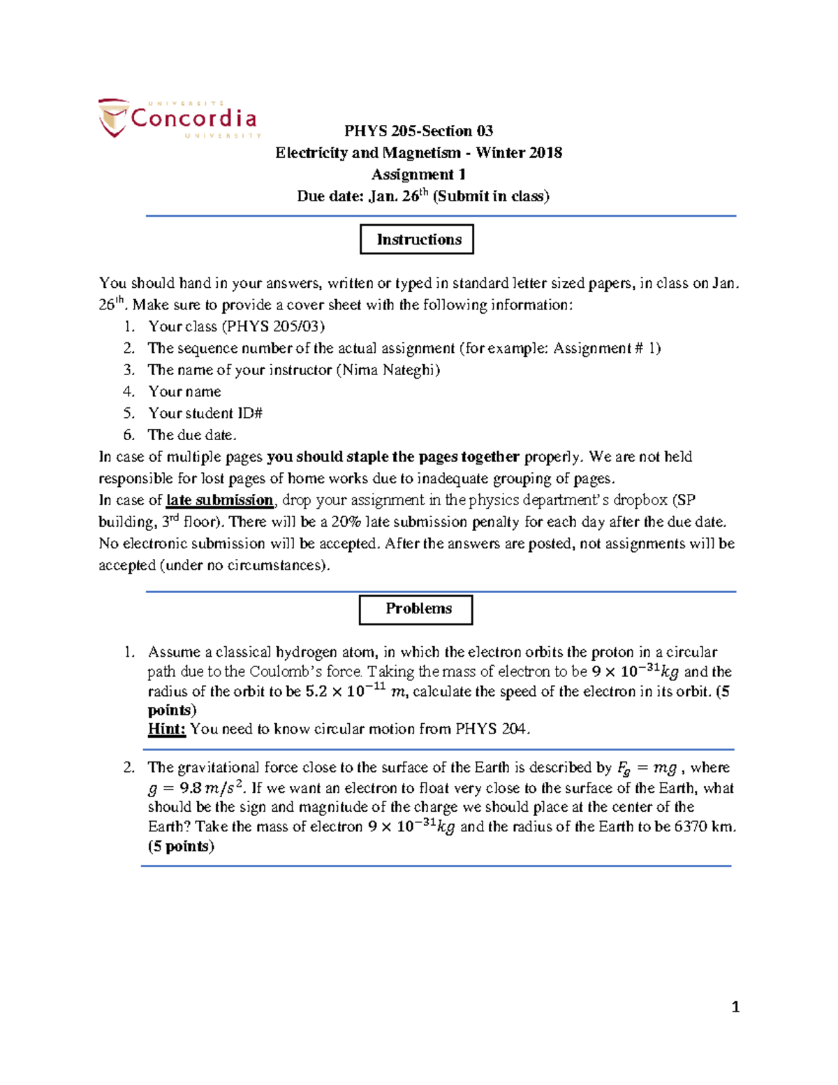 A1 - Exam/Practice - 1 PHYS 205-Section 03 Electricity And Magnetism ...