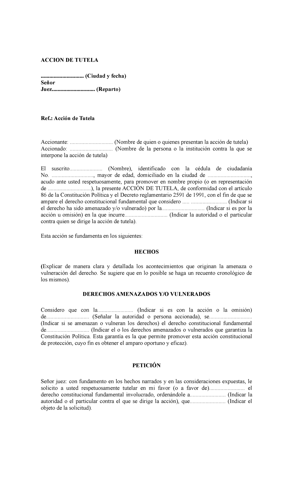 Minuta accion de tutela para dar respuesta al derecho de peticion ...