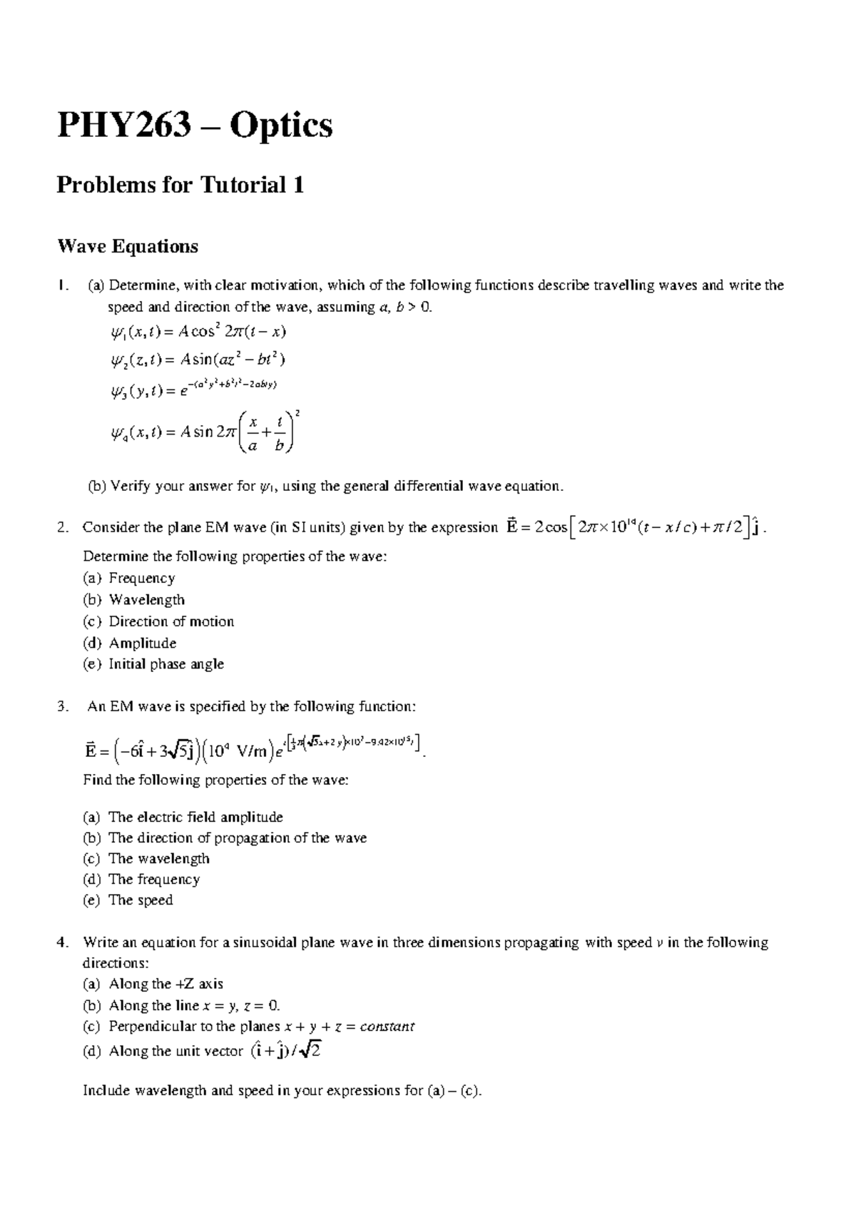 Tut 1 problems - Tutorial questions for optics part of the PHY 263 ...