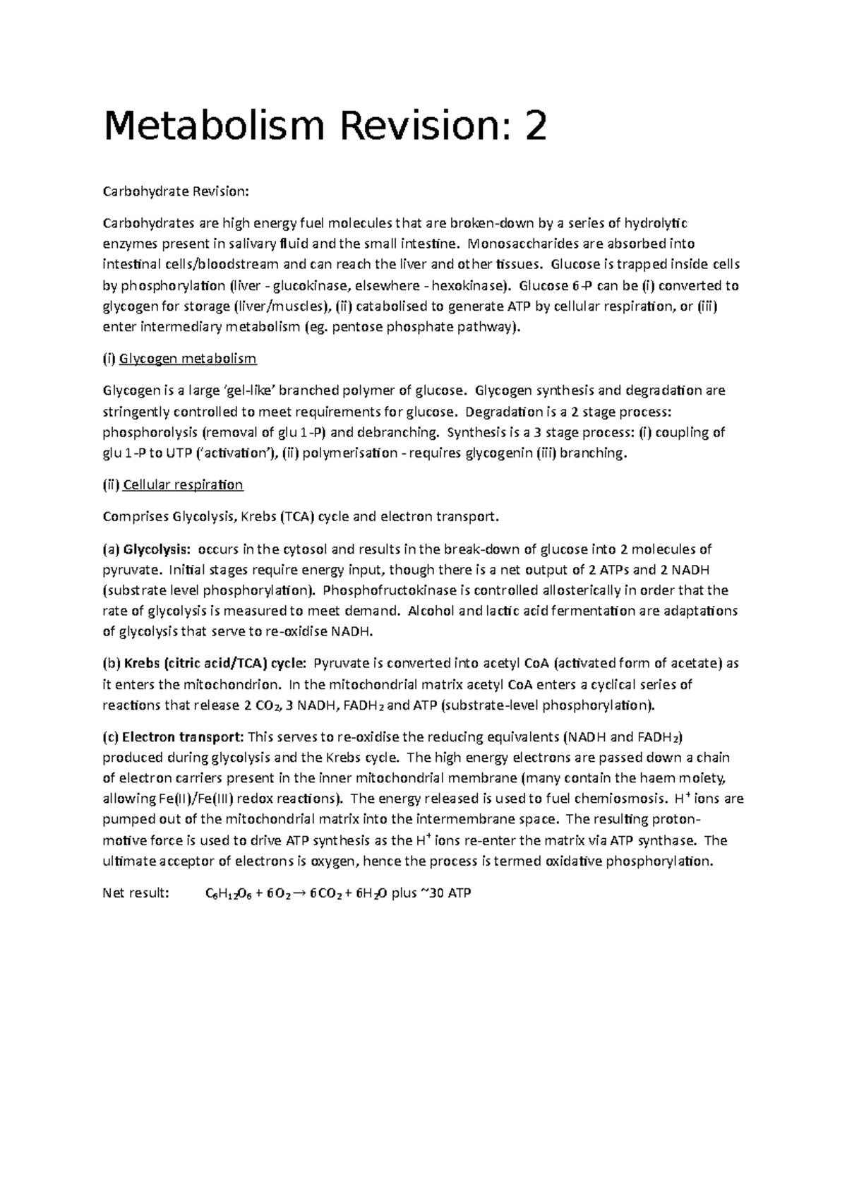 M2 - Metabolism Part 2 - Metabolism Revision: 2 Carbohydrate Revision ...