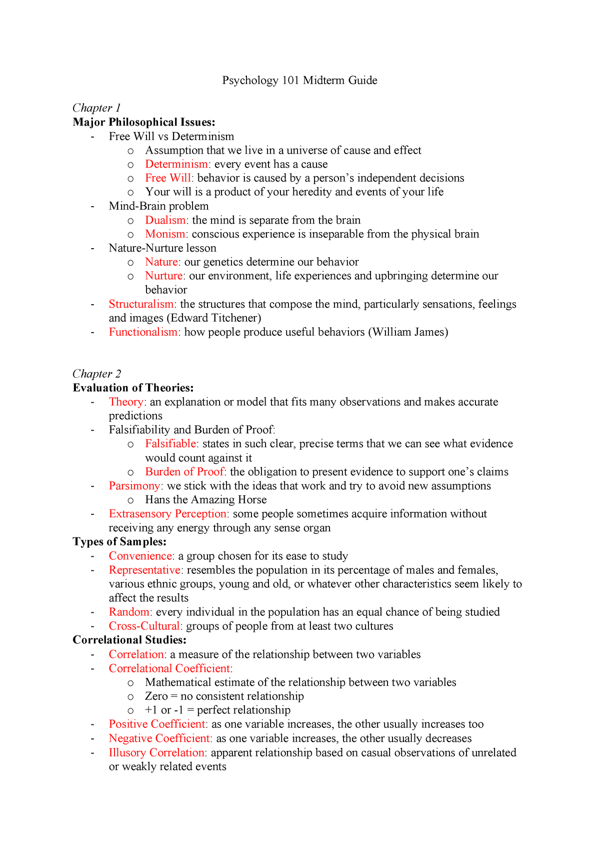 Psychology 101 Midterm Guide - Psychology 101 Midterm Guide Chapter 1 ...