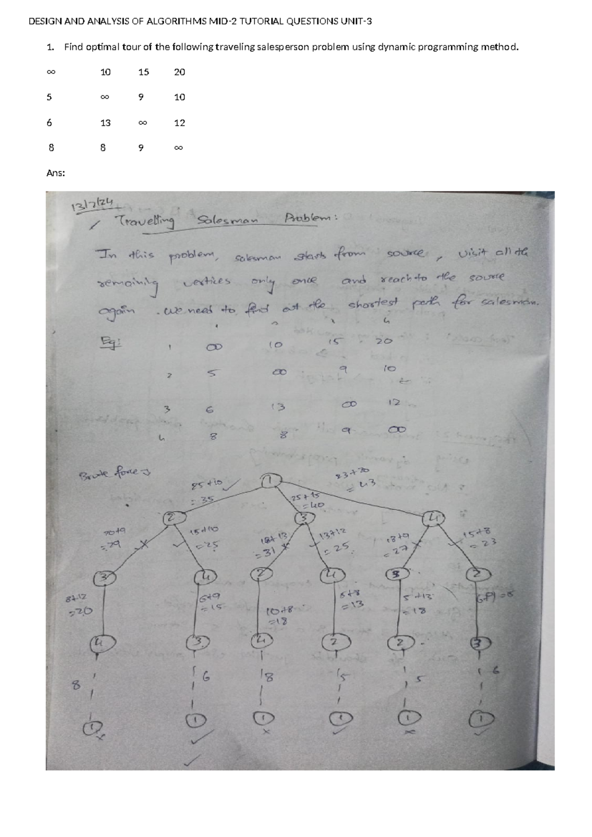 Daa mid 2 4220ans - DESIGN AND ANALYSIS OF ALGORITHMS MID-2 TUTORIAL ...