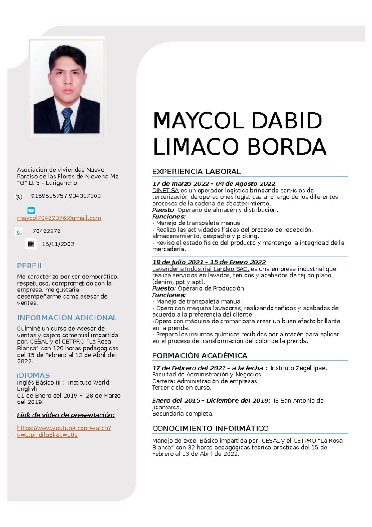 Cv + Video de presentación, Limaco - MAYCOL DABID LIMACO BORDA ...