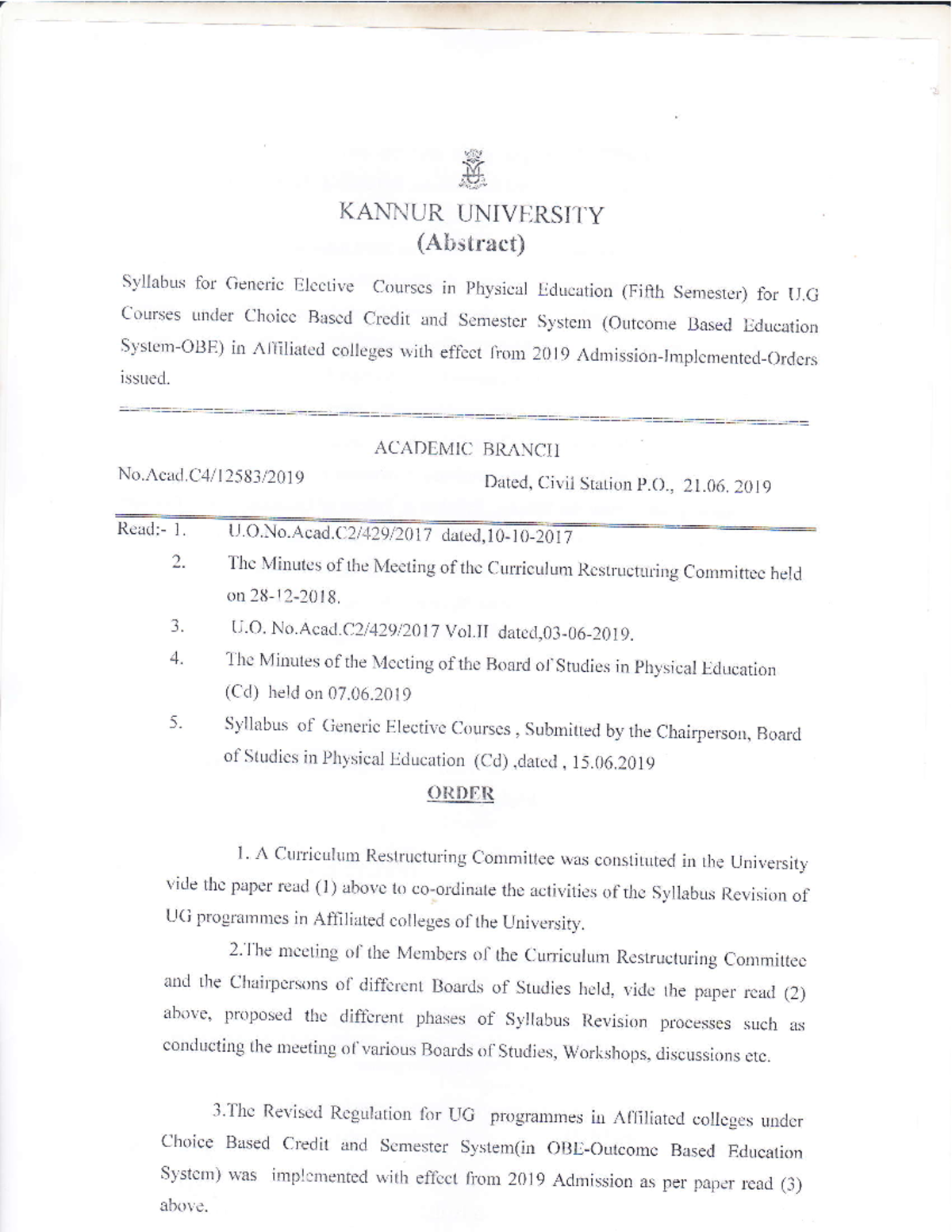 Physicaleducation generic elective 2019 syllaby 22 6 19 - tr KANNUR ...