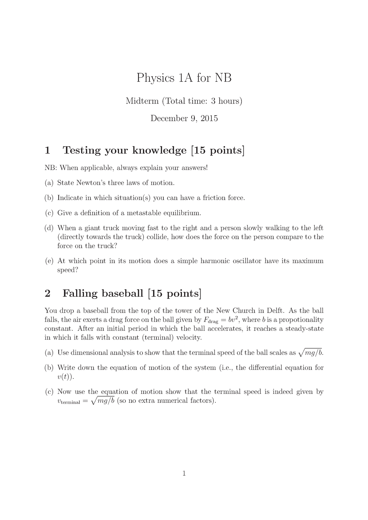 Tentamen 9 December 15 Vragen Physics 1a For Nb Midterm Total Time Hours Studeersnel