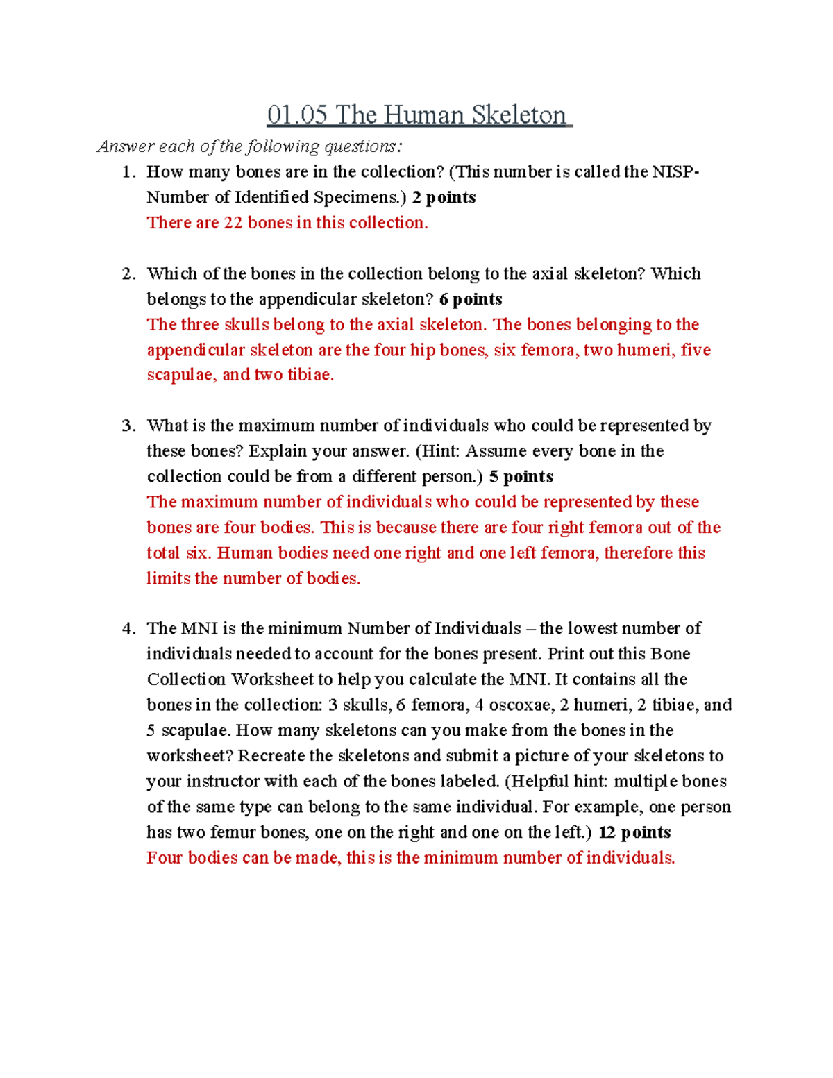 01.05 The Human Skeleton - 01 The Human Skeleton Answer each of the ...