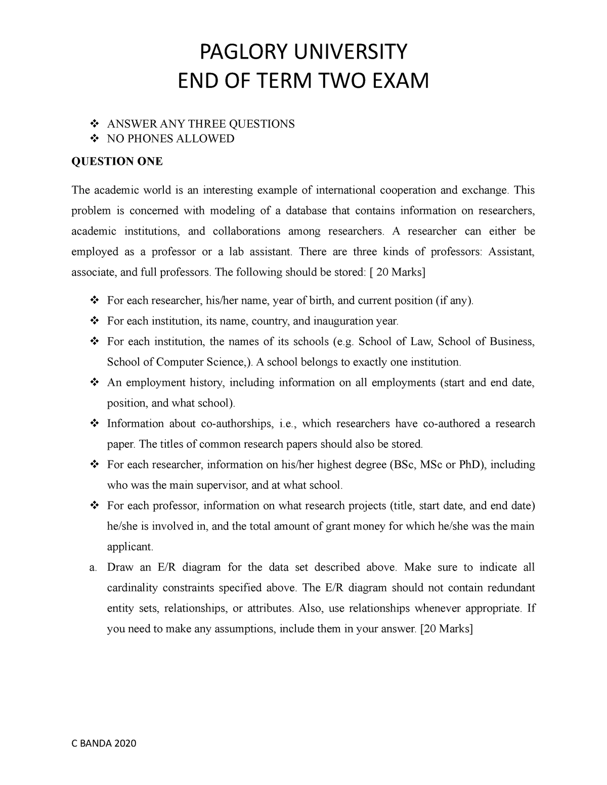 Introduction To Databases - END OF TERM TWO EXAM ANSWER ANY THREE ...