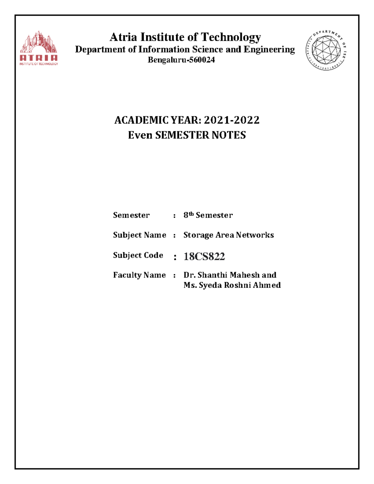 SAN Notes - Yyy - Atria Institute of Technology Department of ...