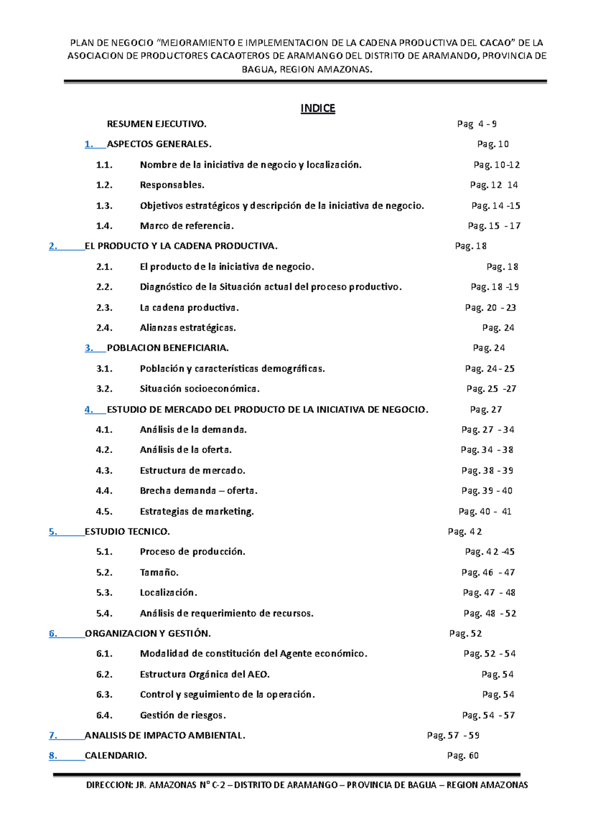Indice Del Plan De Negocio De Cacao Plan De Negocio Mejoramiento E