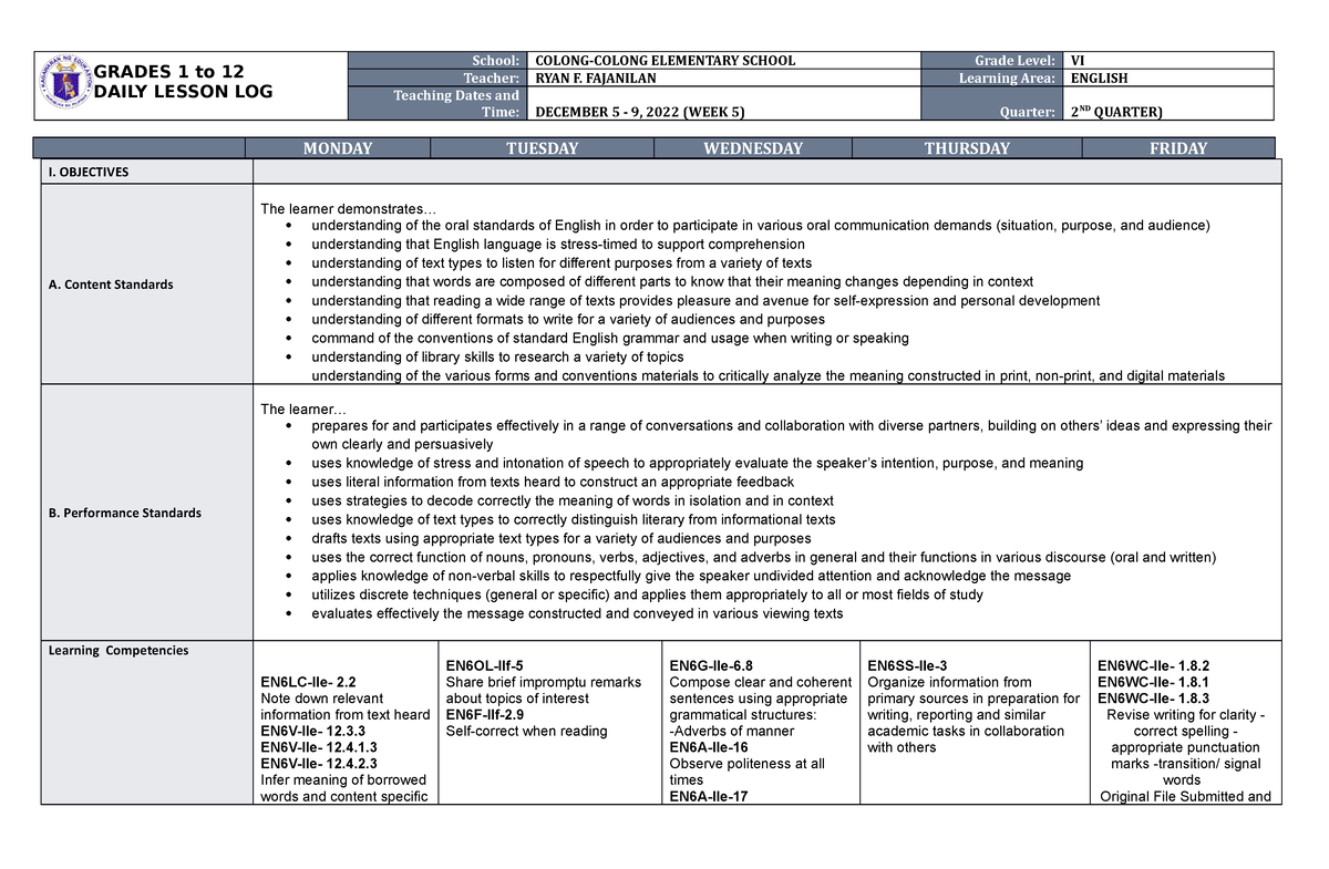 DLL English 6 Q2 W5 - Daily Lesson Log - GRADES 1 To 12 DAILY LESSON ...