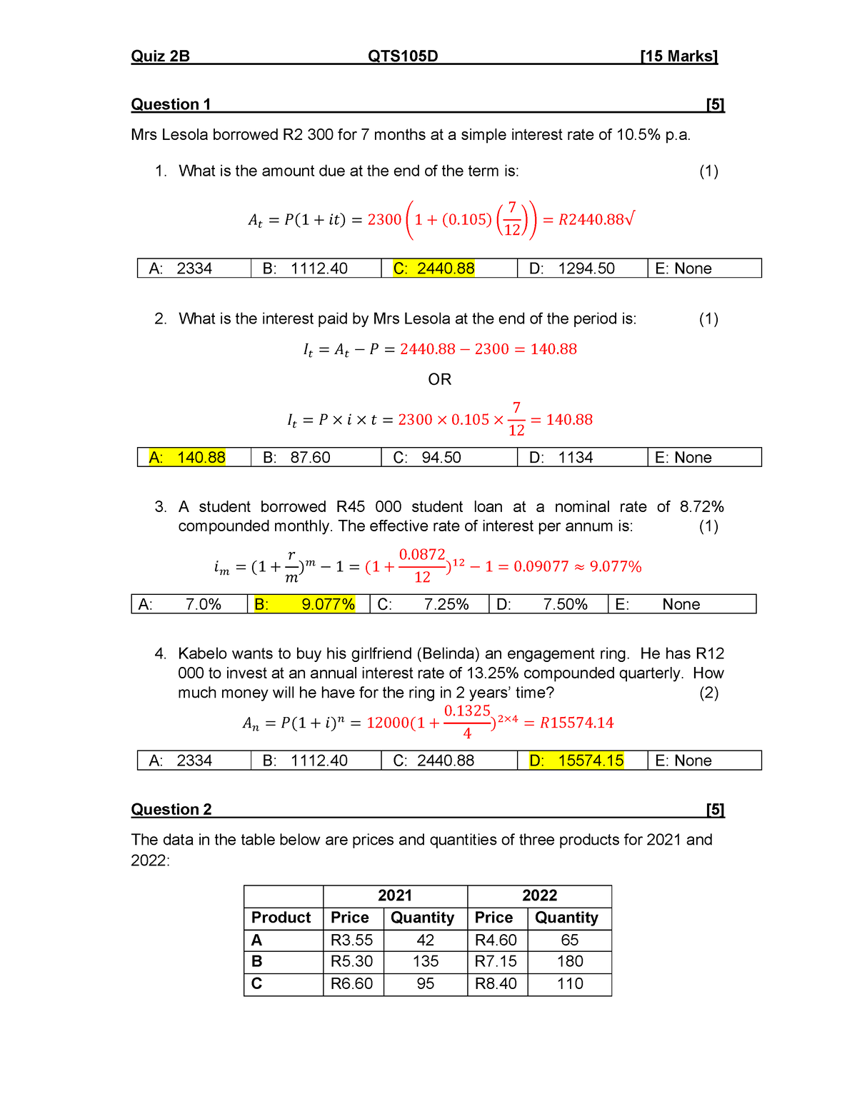 Quiz 2 B - Quantitative Statistics - Quiz 2B QTS105D [15 Marks ...