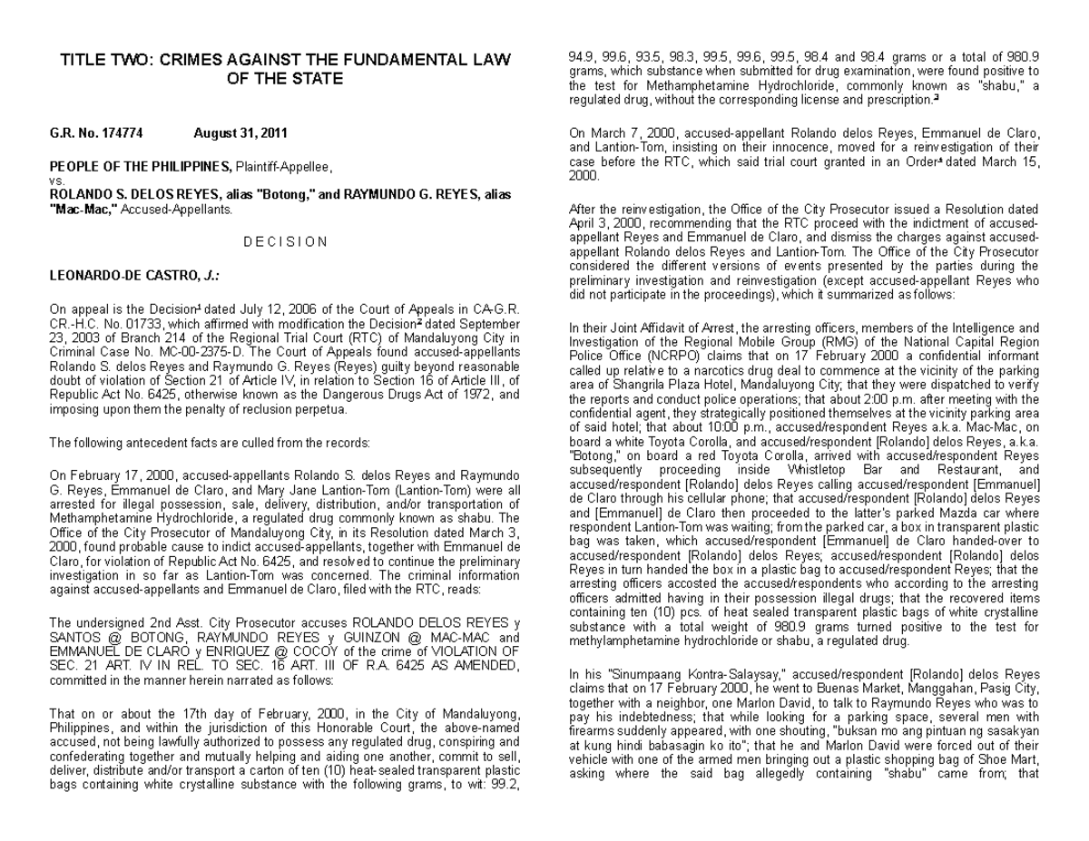 CRIMINAL LAW 2 CASES - TITLE TWO: CRIMES AGAINST THE FUNDAMENTAL LAW OF ...