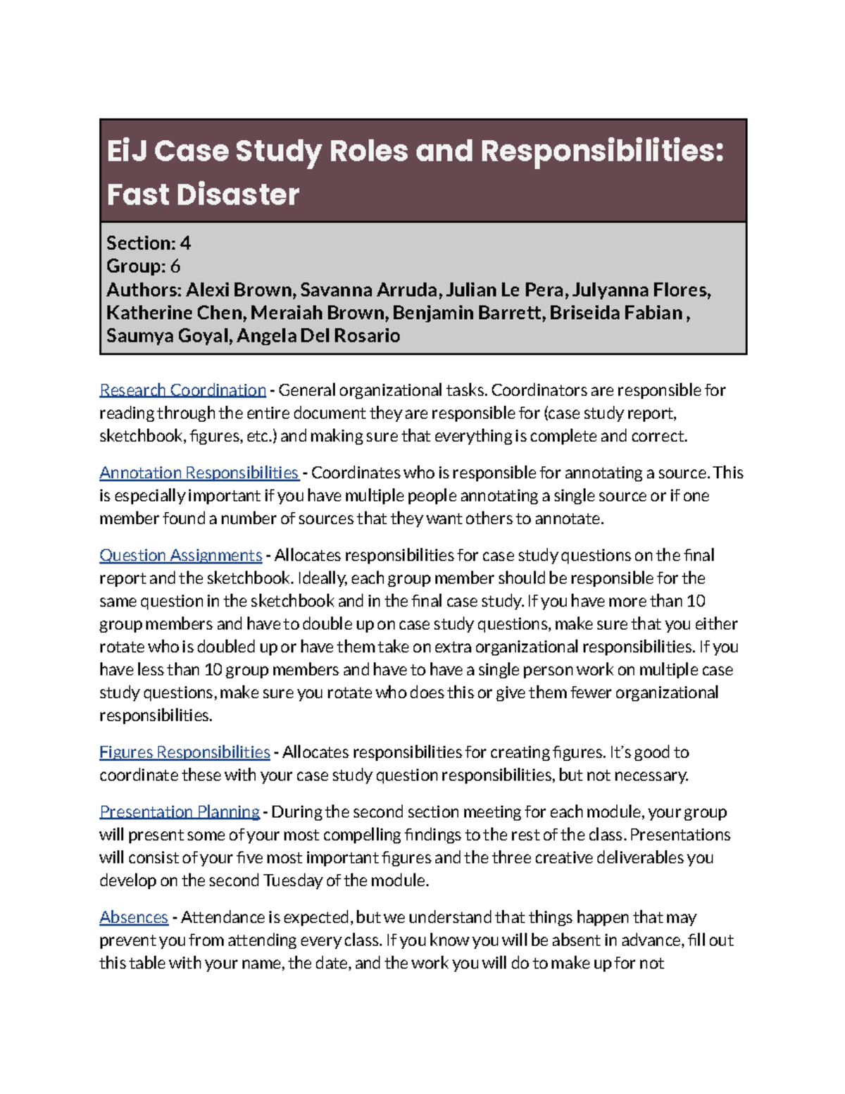 Ei J Case Study Roles and Responsibilities Fast Disaster Google Docs