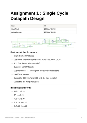 Assignment 1 Single Cycle Datapath Design - Assignment 1 : Single Cycle ...