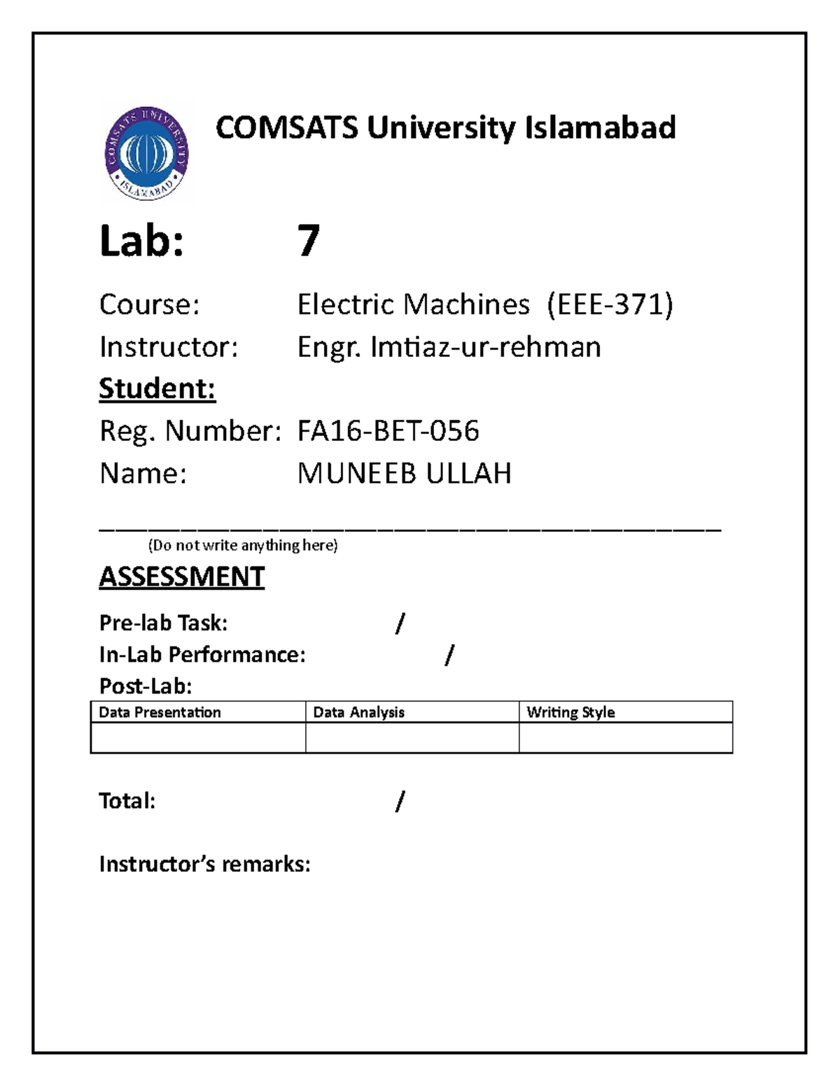 LAB 7 - FA16-BET-056 - Muneeb Ullah - Lab: 7 Course: Electric Machines ...