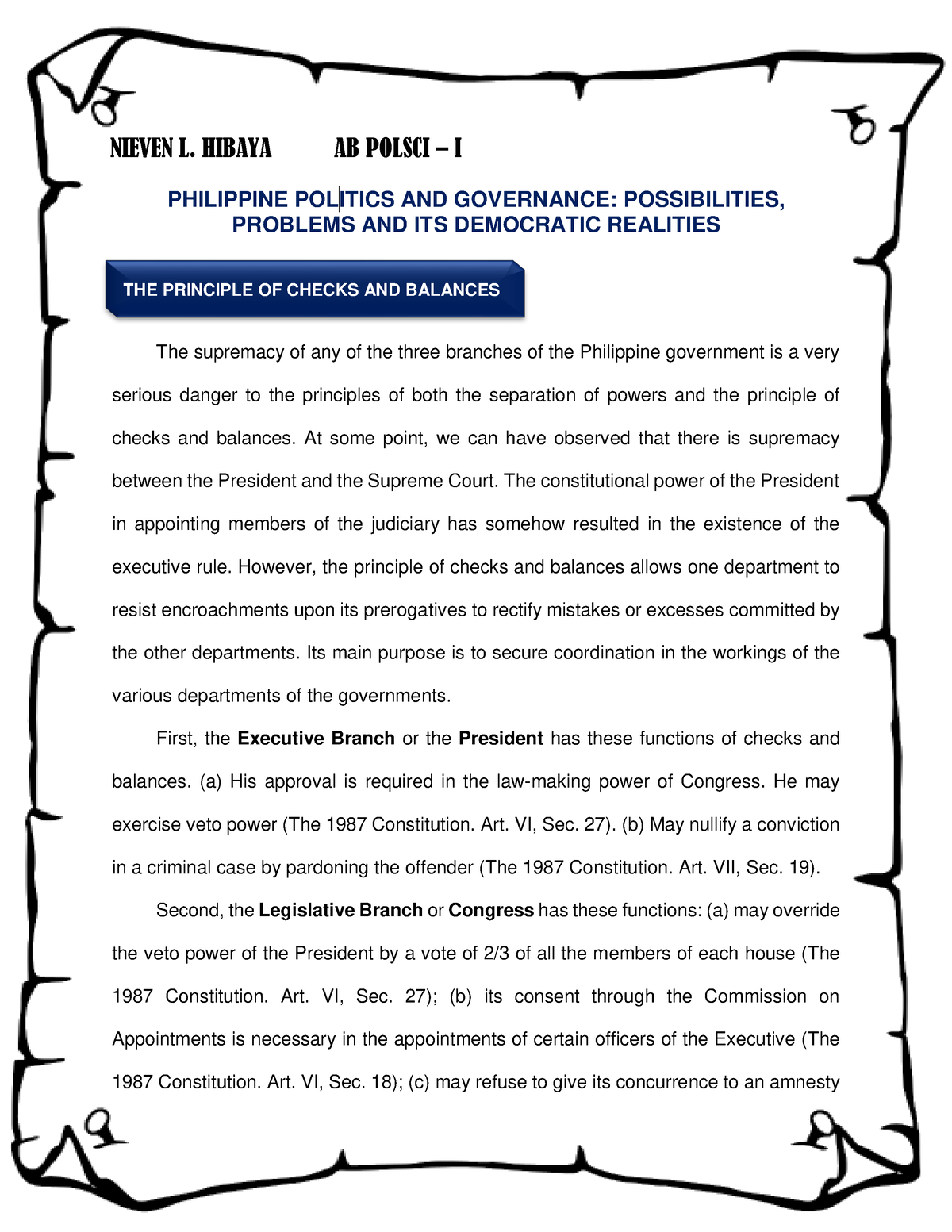 ensuring checks and balances in the philippine constitution essay