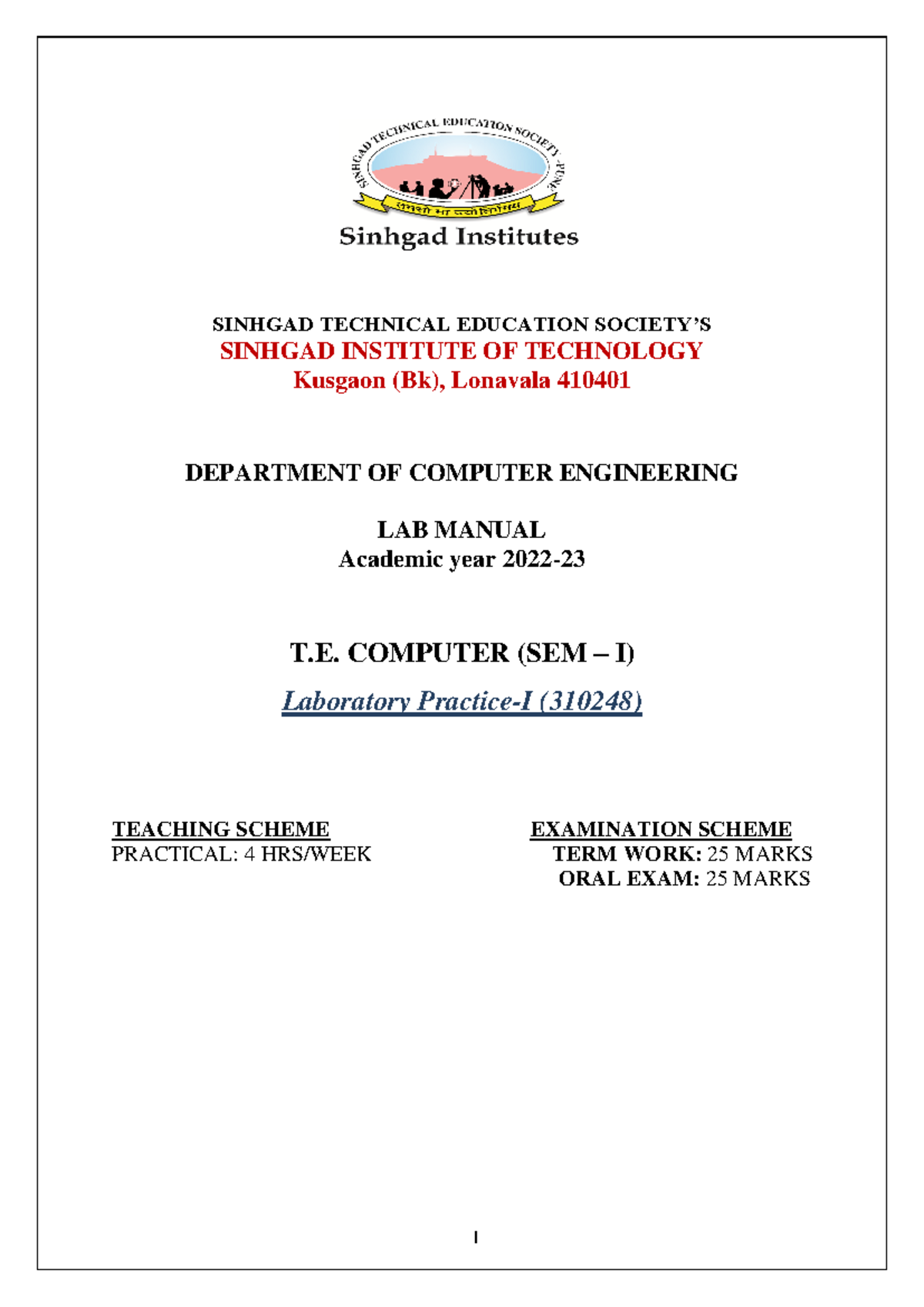 14 LP-I Lab Manual 2022-23spm - SINHGAD TECHNICAL EDUCATION SOCIETY’S ...