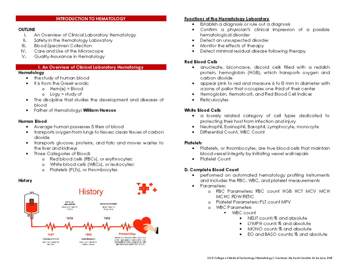 Introduction TO Hematology students notes - INTRODUCTION TO HEMATOLOGY ...