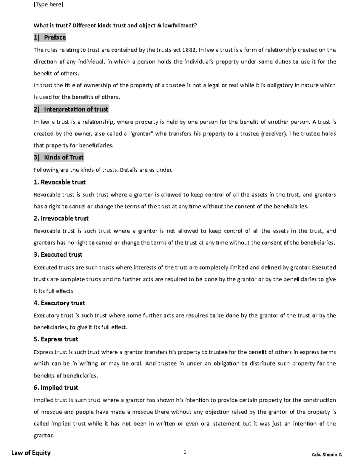 Different kinds trust and object & lawful trust - [Type here] What is ...