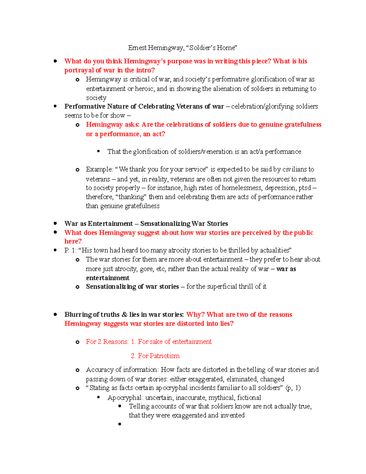 Ernest Hemingway [Soldier's Home] Notes Ernest Hemingway, “Soldier’s