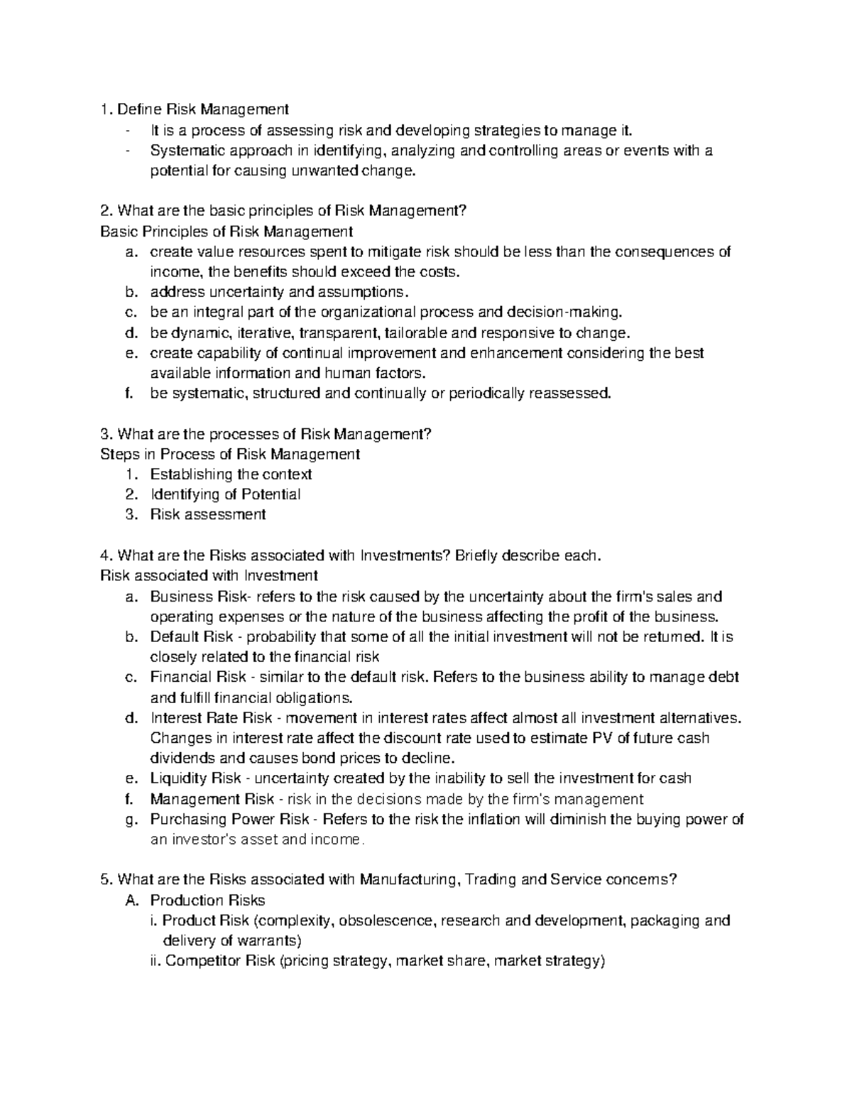 Governance Discussion - Define Risk Management It is a process of ...