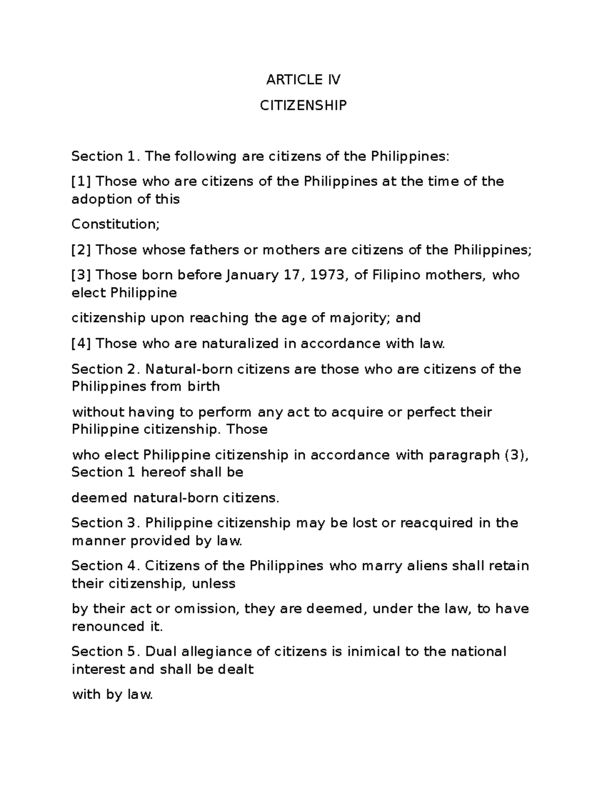 Article IV Of The 1987 Constitution Of The Republic Of The Philippines 