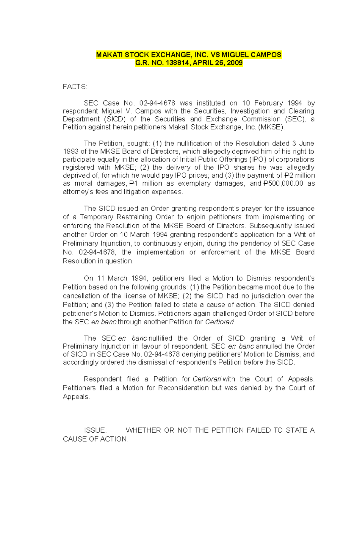 281065325 Case Digest for Re Makati Stock Exchange INC VS Miguel Campos
