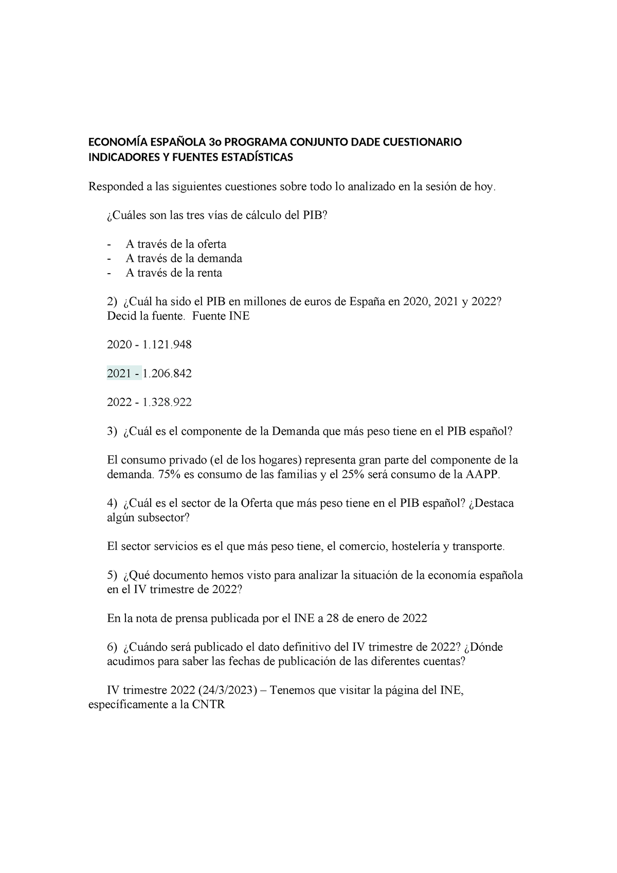 Practica 1ª de econ esp - ECONOMÍA ESPAÑOLA 3o PROGRAMA CONJUNTO DADE ...