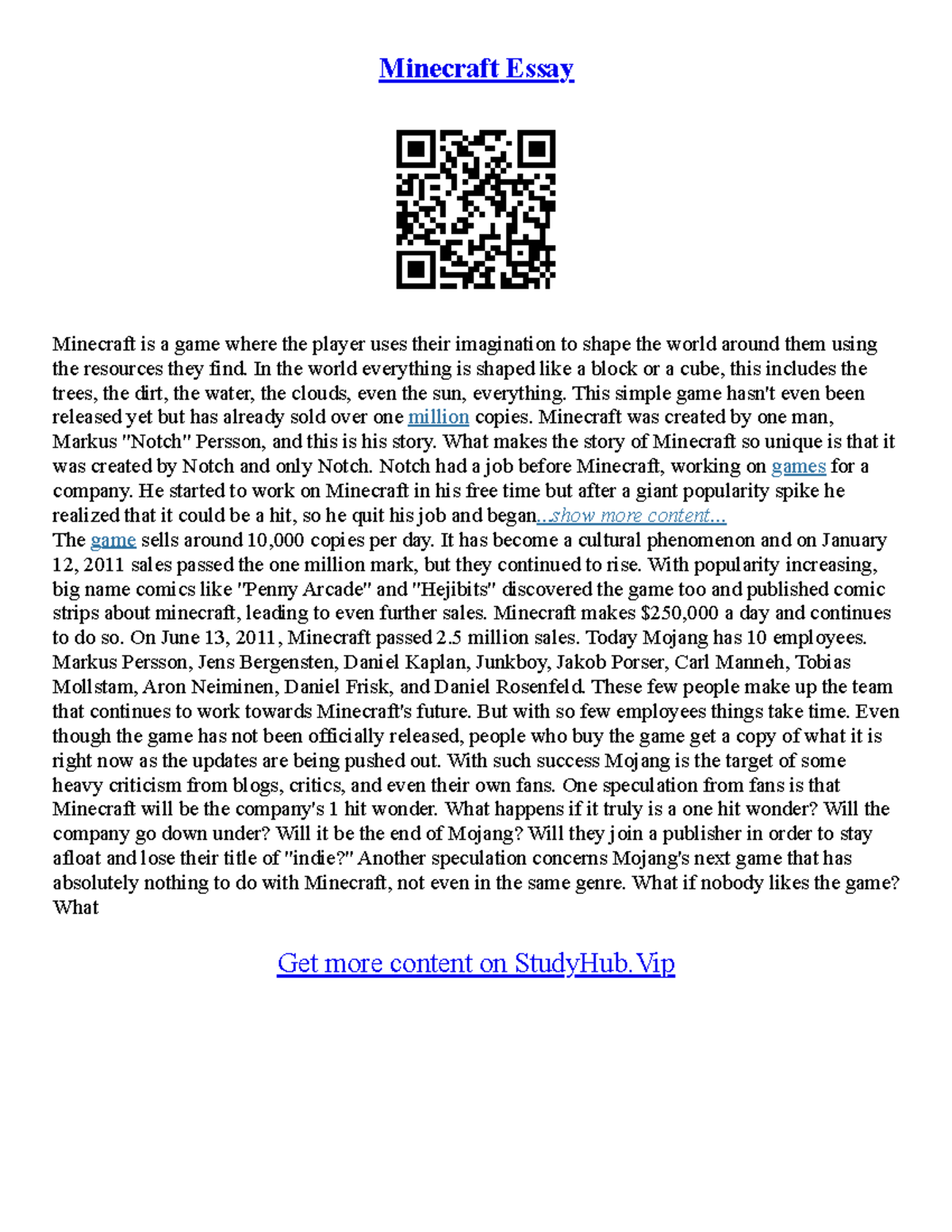 Random Essay Topic - Minecraft Essay Minecraft is a game where the ...